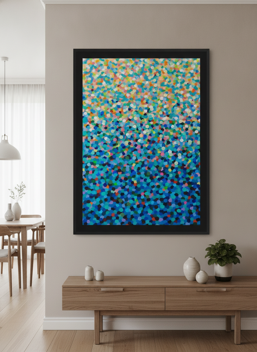 Wall art styled above a dining table in a contemporary home