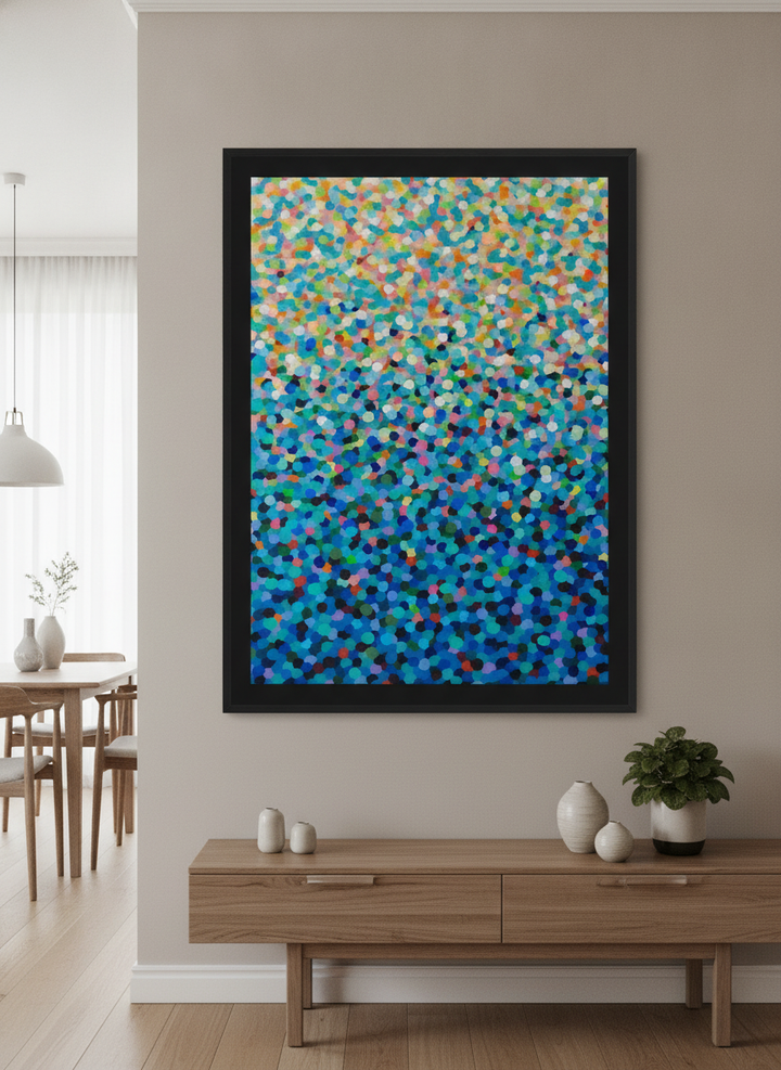 Wall art styled above a dining table in a contemporary home