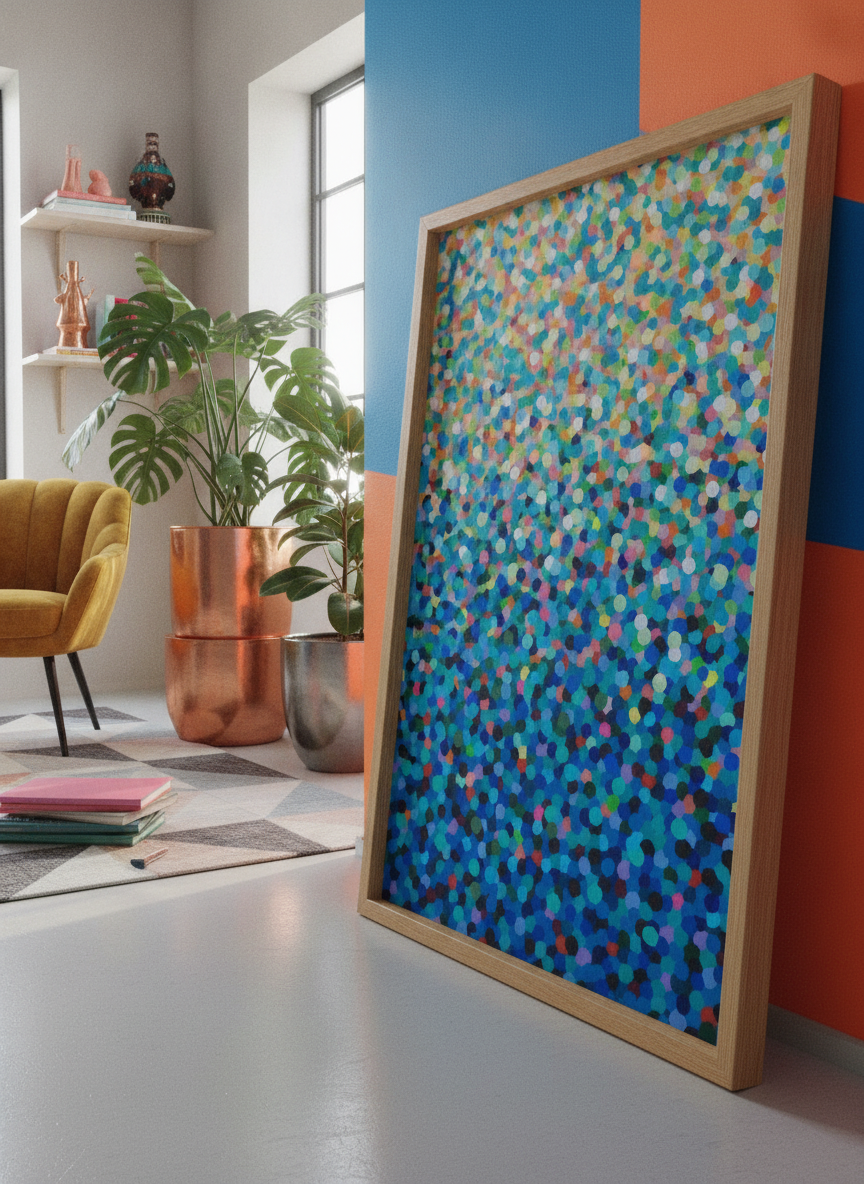 Bold wall art styled in a colourful, eclectic modern home