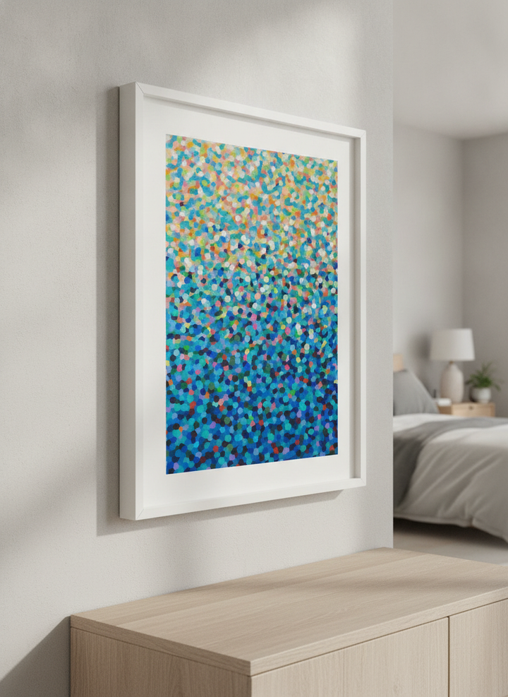 Minimalist artwork displayed in a calm, light-filled bedroom interior