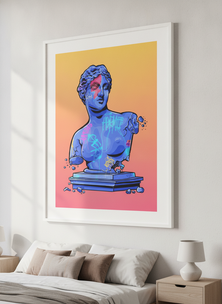 Minimalist artwork displayed in a calm, light-filled bedroom interior