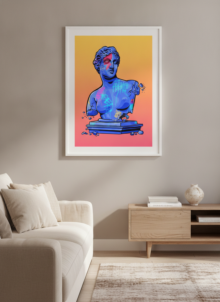 Modern wall art styled above a sofa in a neutral living room