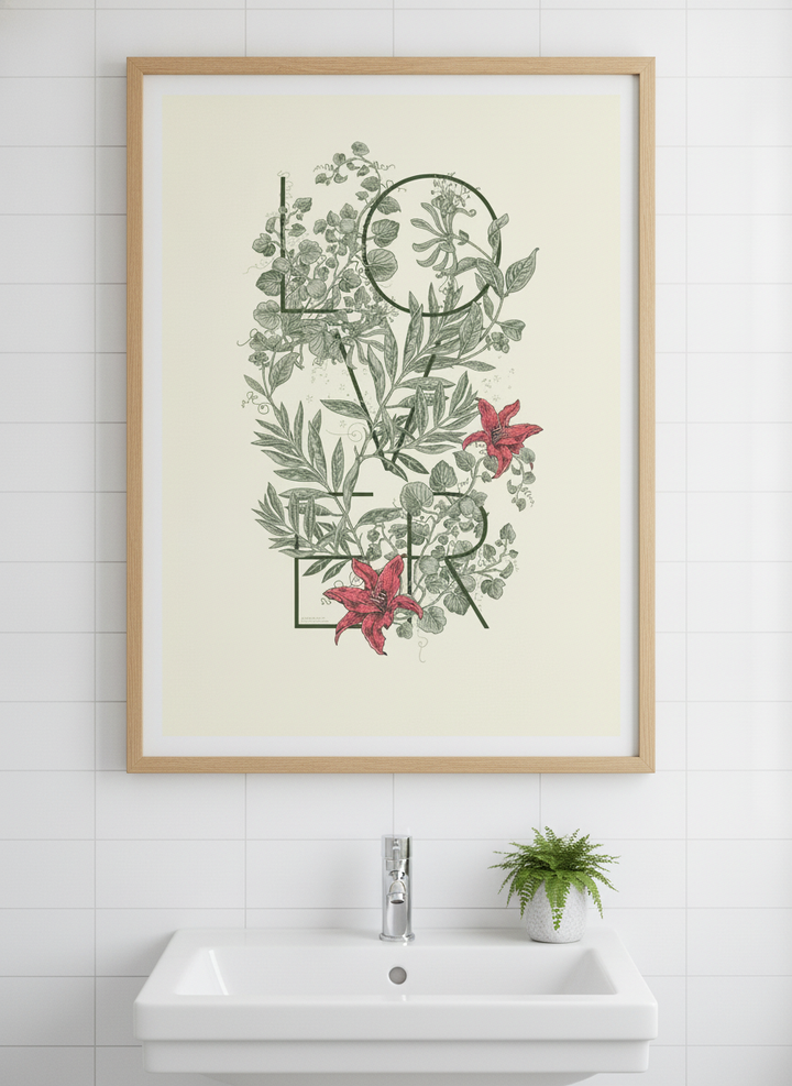 Modern print displayed in a clean minimalist bathroom setting