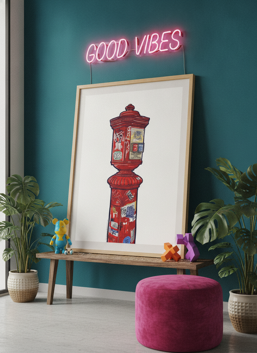 Bold wall art styled in a colourful, eclectic modern home