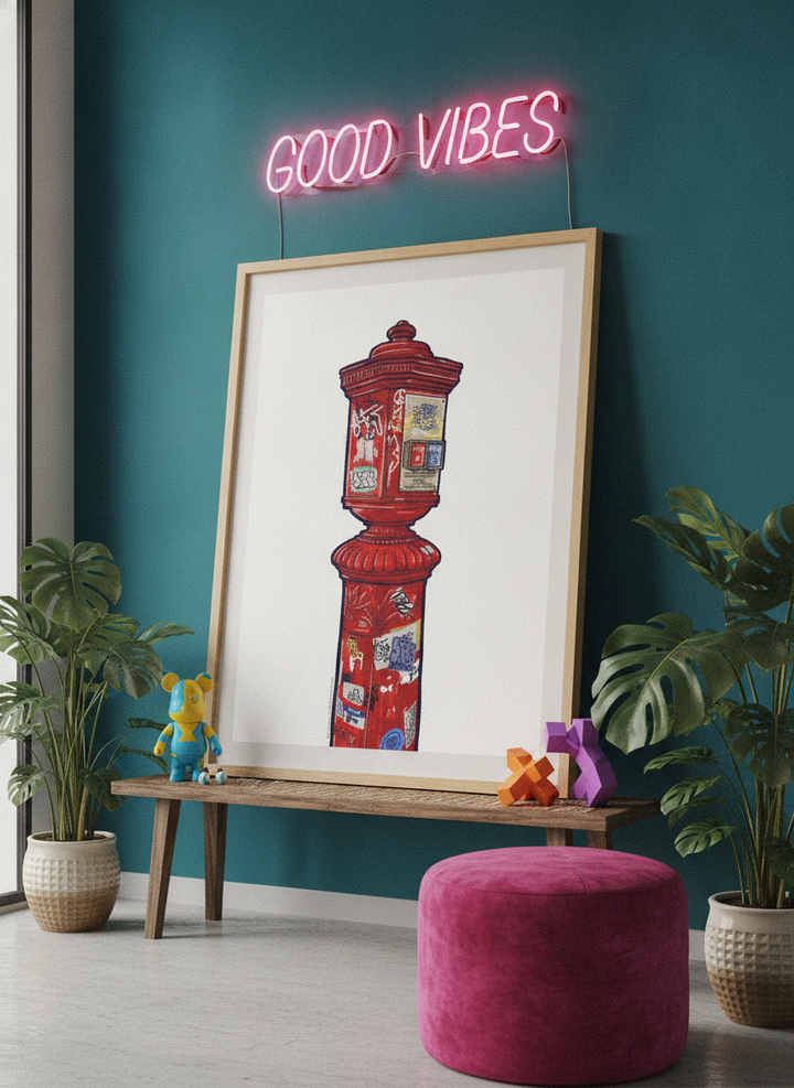 Bold wall art styled in a colourful, eclectic modern home