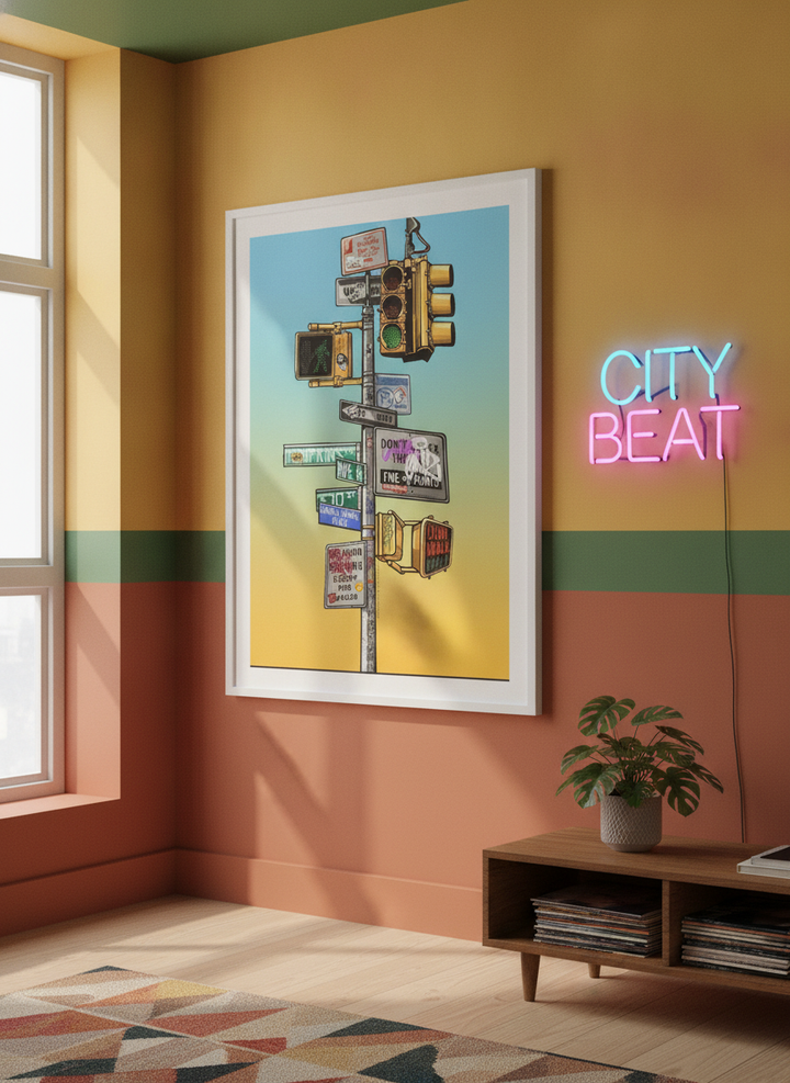 Bold wall art styled in a colourful, eclectic modern home