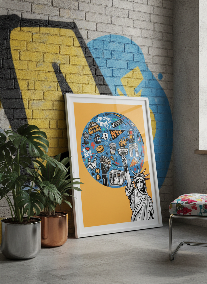 Bold wall art styled in a colourful, eclectic modern home