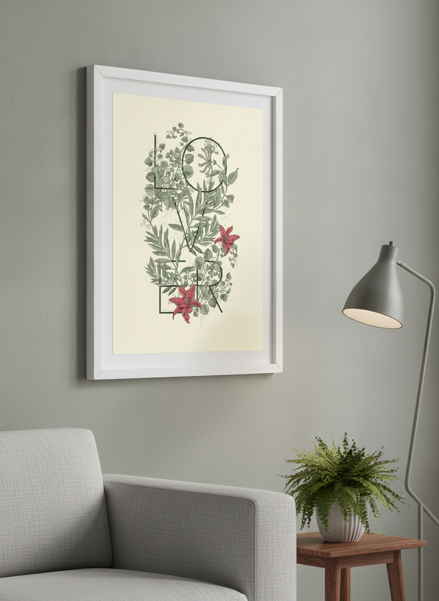 Modern wall art styled above a sofa in a neutral living room