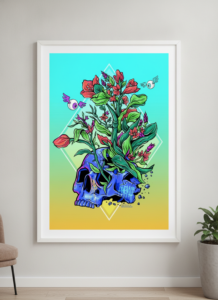 Modern wall art styled above a sofa in a neutral living room