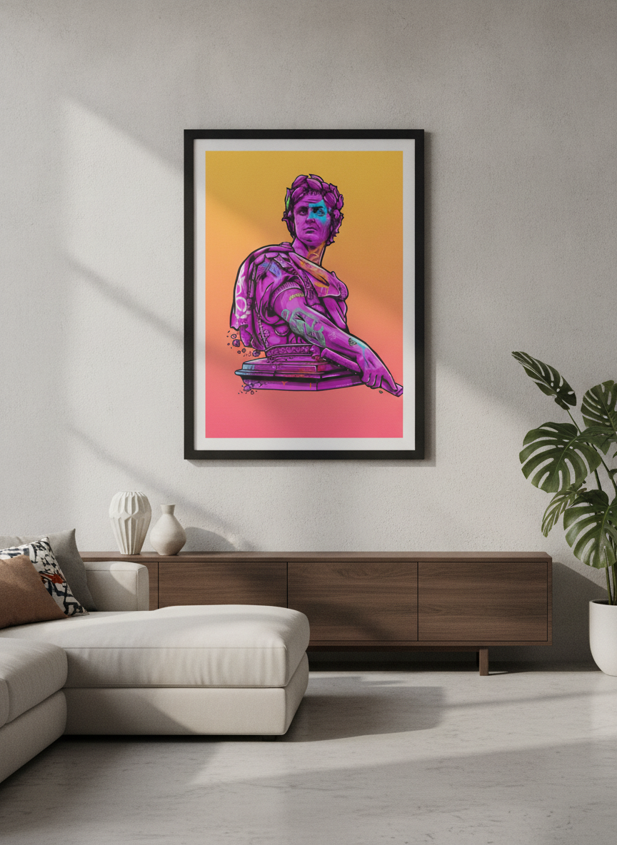 Modern wall art styled above a sofa in a neutral living room