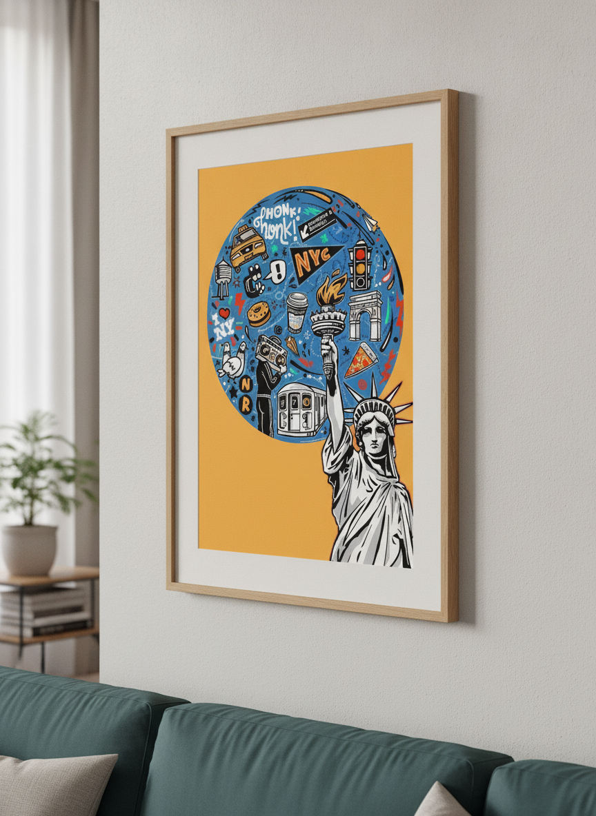 Modern wall art styled above a sofa in a neutral living room