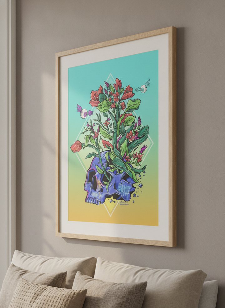 Minimalist artwork displayed in a calm, light-filled bedroom interior