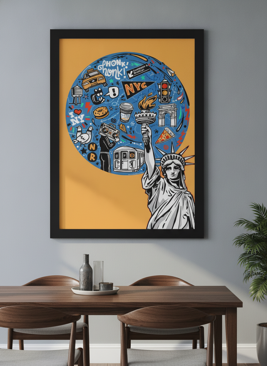 Wall art styled above a dining table in a contemporary home