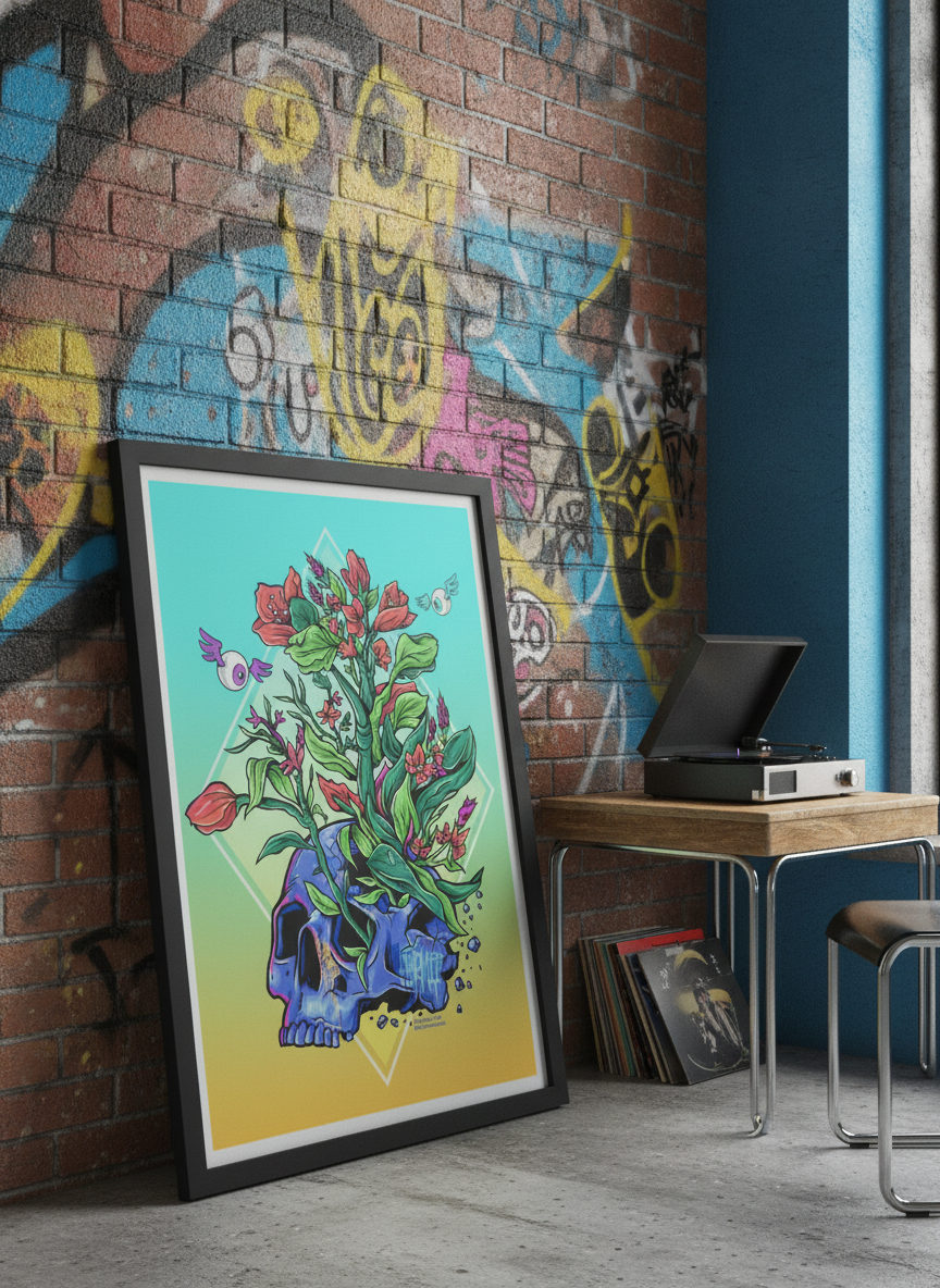 Bold wall art styled in a colourful, eclectic modern home