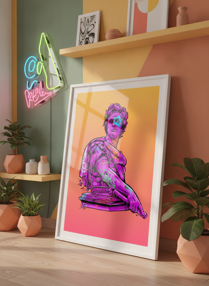 Bold wall art styled in a colourful, eclectic modern home