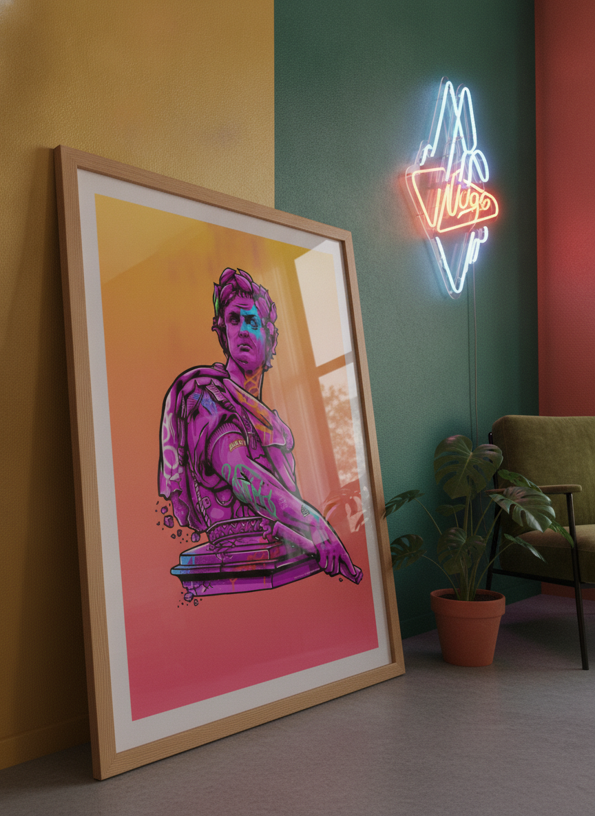Bold wall art styled in a colourful, eclectic modern home