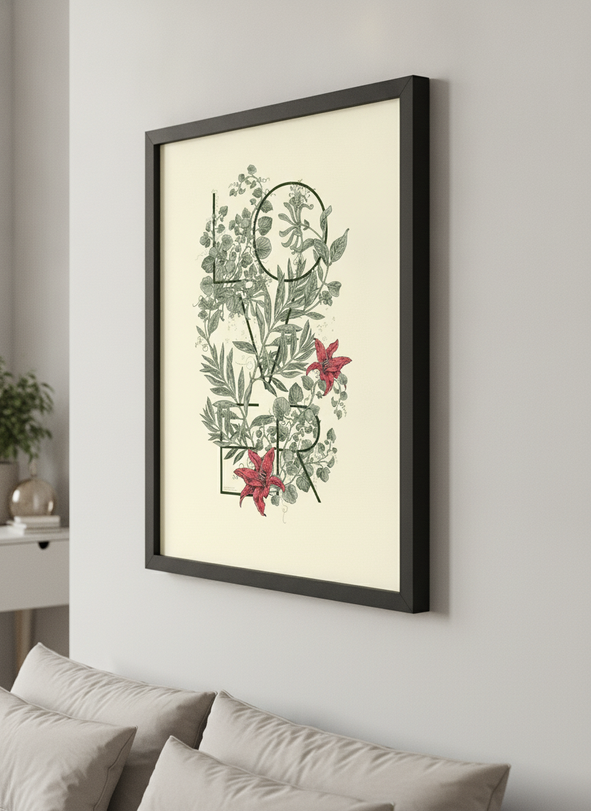 Minimalist artwork displayed in a calm, light-filled bedroom interior