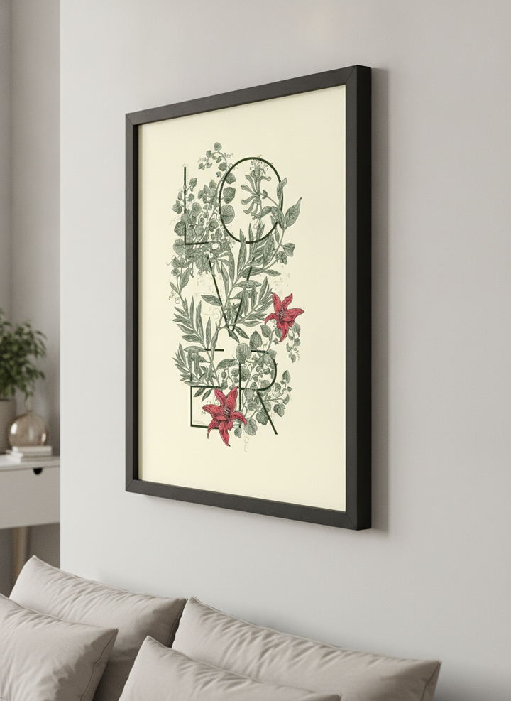 Minimalist artwork displayed in a calm, light-filled bedroom interior