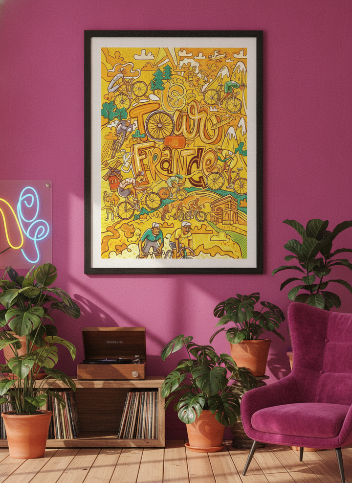 Bold wall art styled in a colourful, eclectic modern home