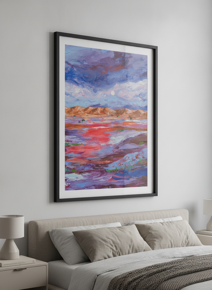Minimalist artwork displayed in a calm, light-filled bedroom interior
