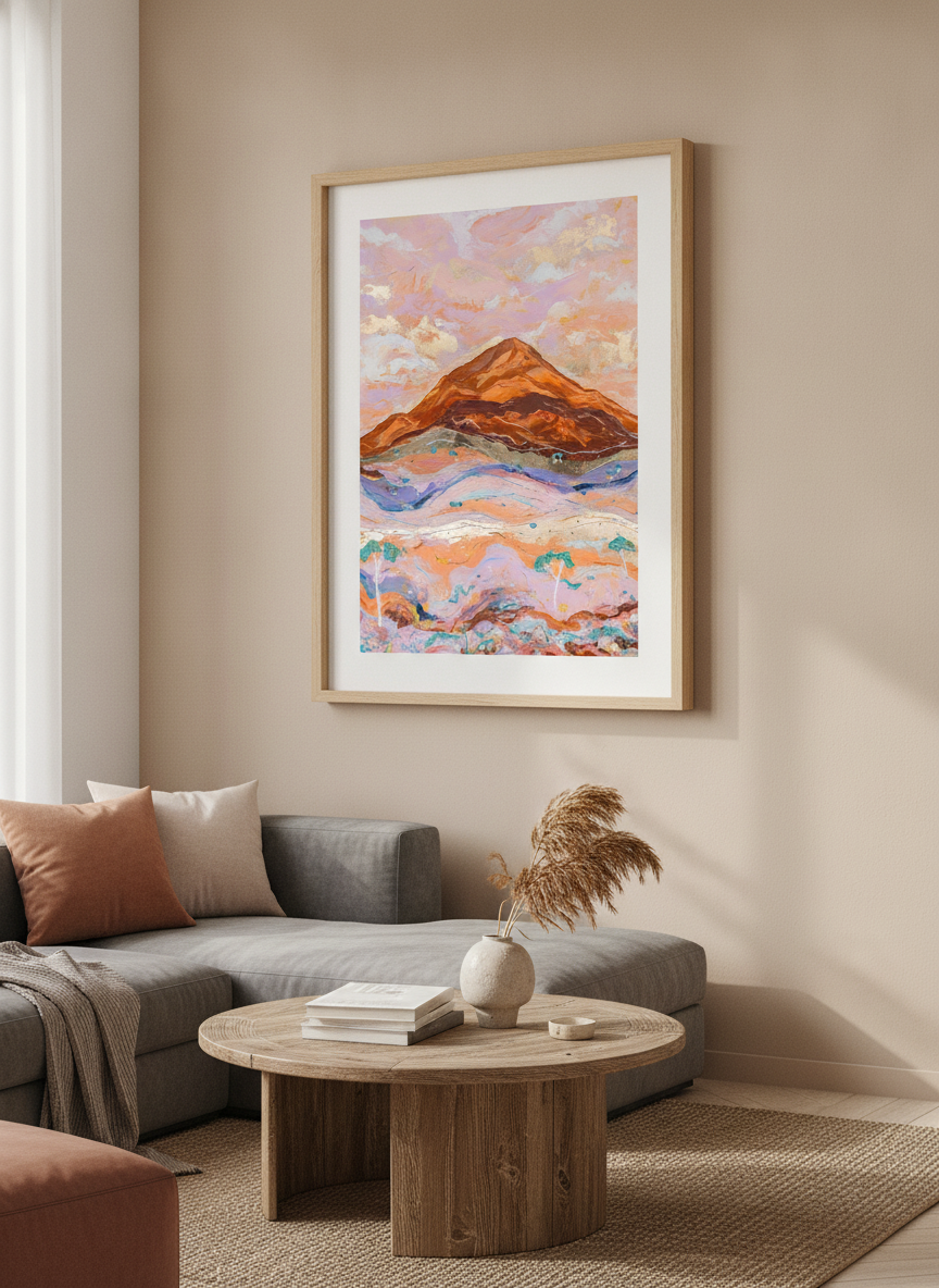 Modern wall art styled above a sofa in a neutral living room