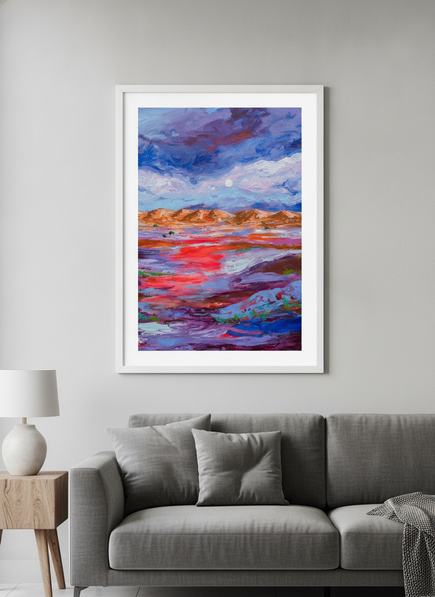 Modern wall art styled above a sofa in a neutral living room