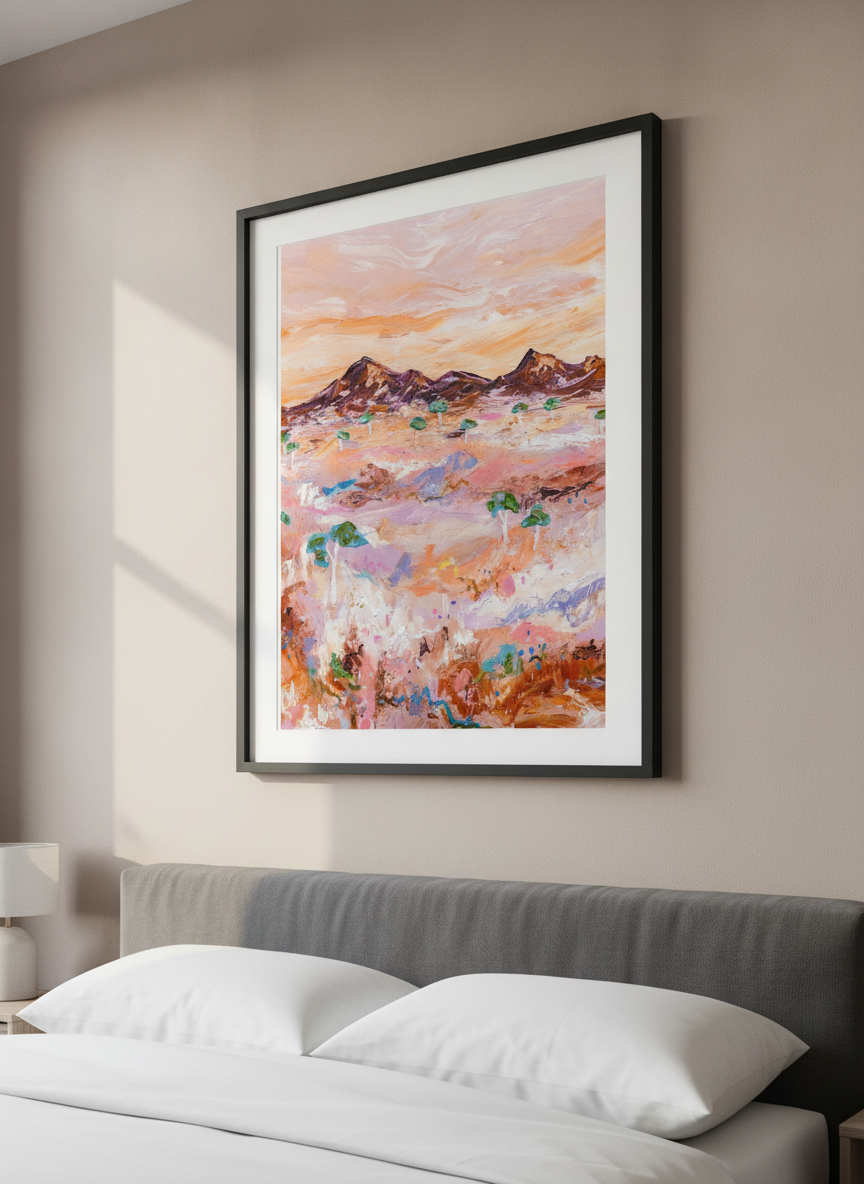 Minimalist artwork displayed in a calm, light-filled bedroom interior