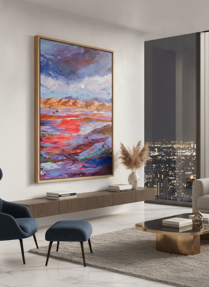 Monumental artwork centred on a feature wall in a luxe interior