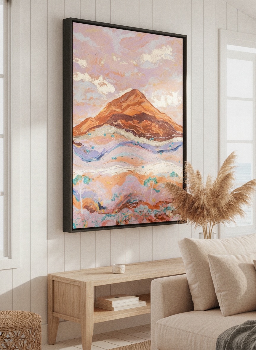 Neutral wall art displayed in a sunny coastal beach house