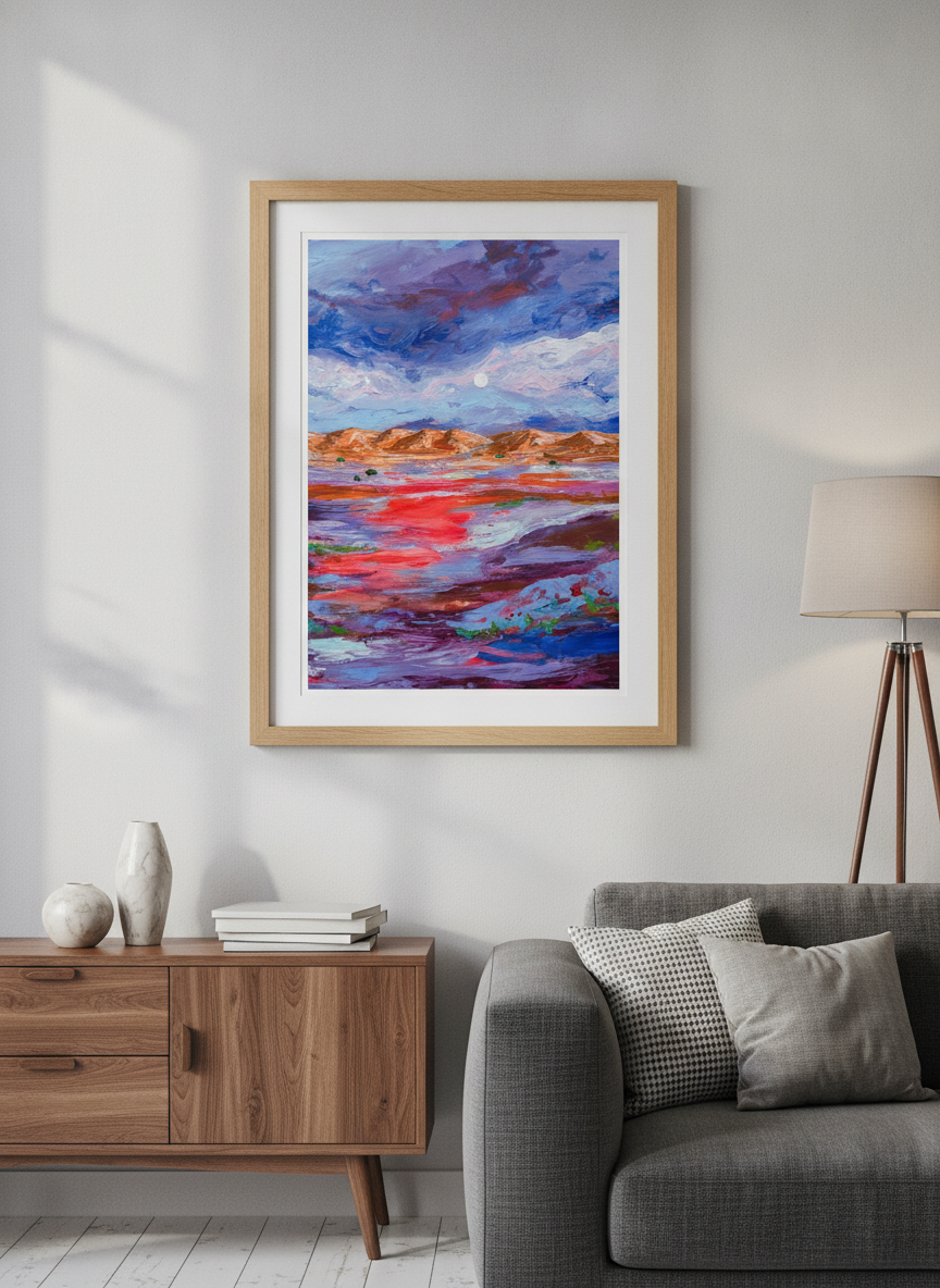 Modern wall art styled above a sofa in a neutral living room