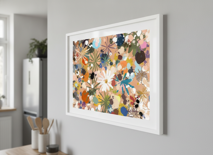 Artwork styled on the wall of a bright modern kitchen