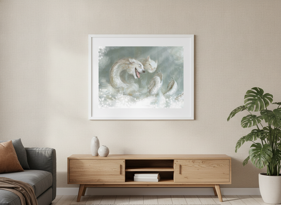 Modern wall art styled above a sofa in a neutral living room