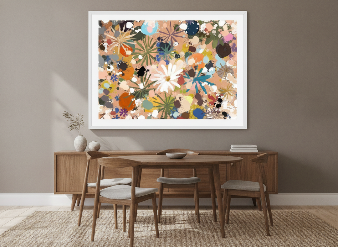 Wall art styled above a dining table in a contemporary home