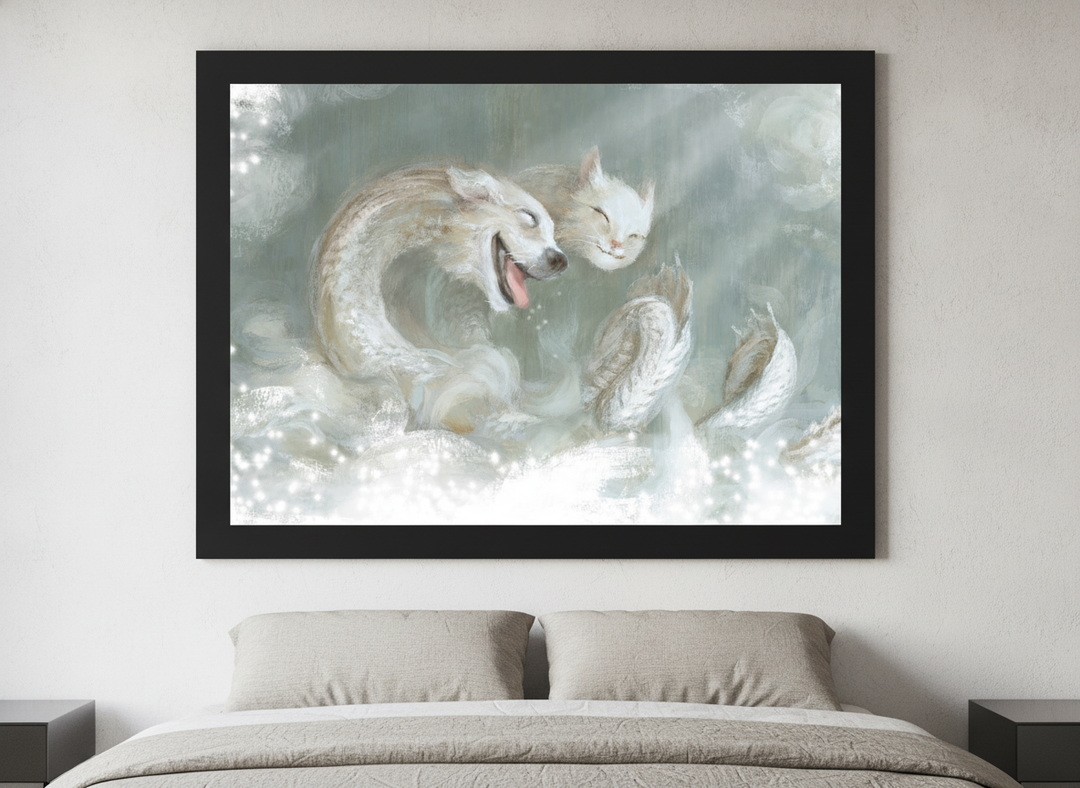 Minimalist artwork displayed in a calm, light-filled bedroom interior