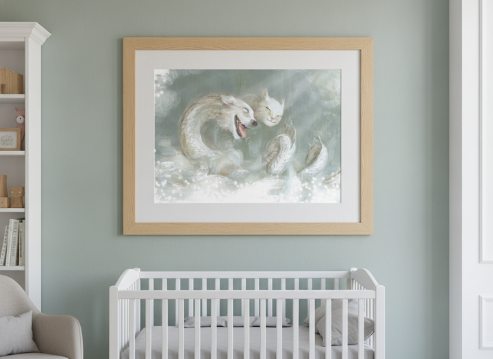 Soft neutral wall art styled in a serene nursery with pastel tones