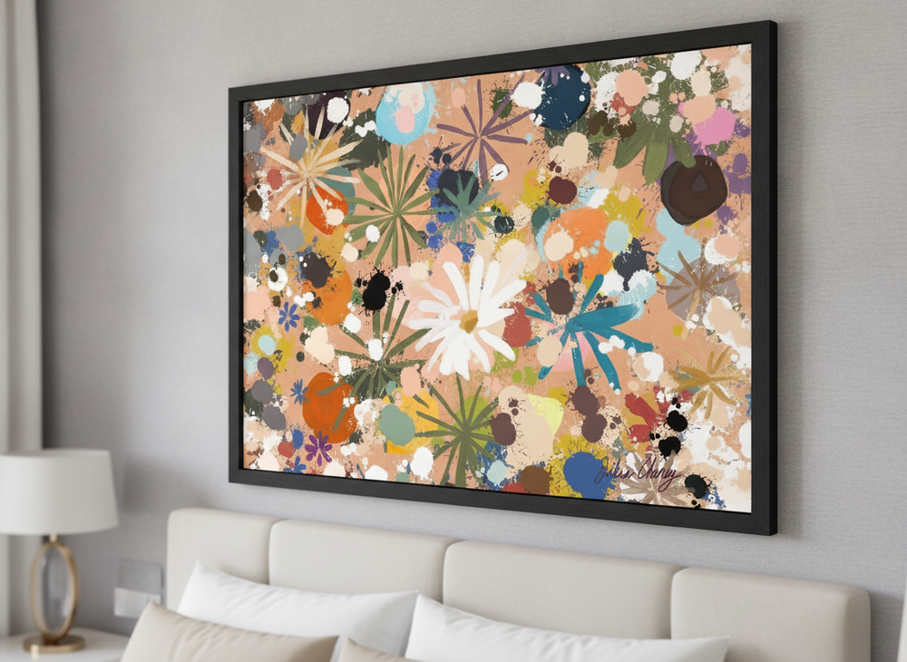 Minimalist artwork displayed in a calm, light-filled bedroom interior