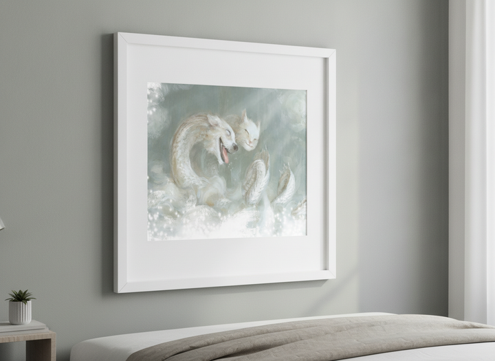 Minimalist artwork displayed in a calm, light-filled bedroom interior