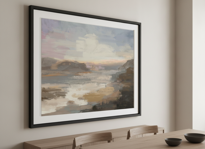 Wall art styled above a dining table in a contemporary home