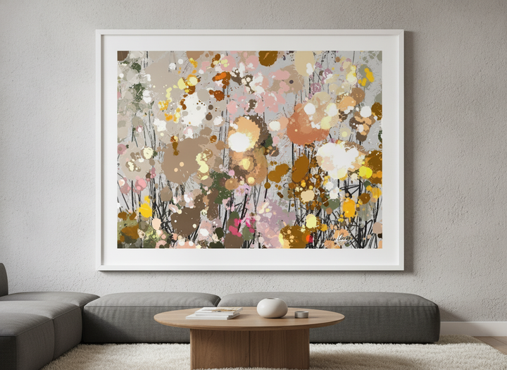 Modern wall art styled above a sofa in a neutral living room