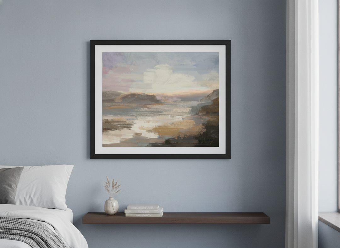 Minimalist artwork displayed in a calm, light-filled bedroom interior
