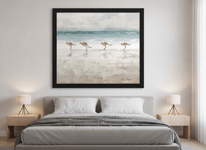 Minimalist artwork displayed in a calm, light-filled bedroom interior