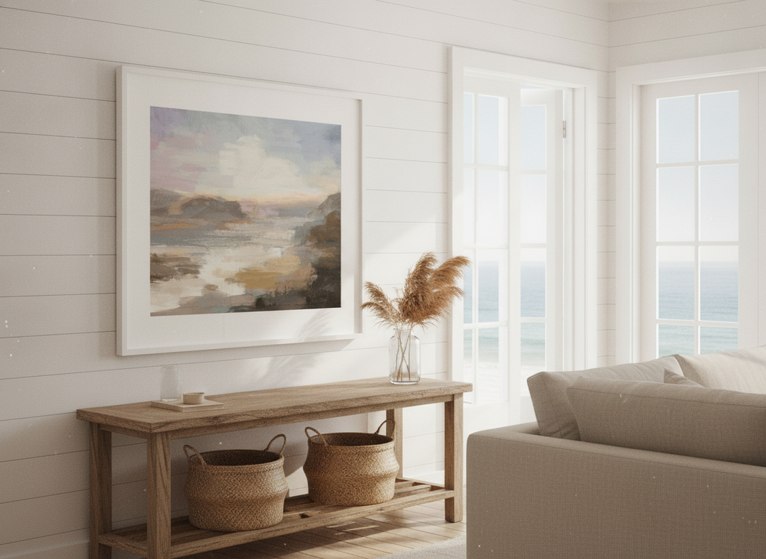 Neutral wall art displayed in a sunny coastal beach house