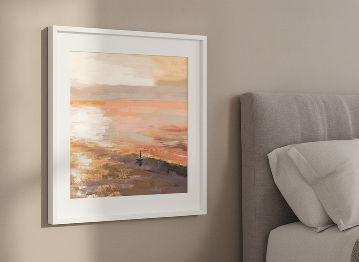 Minimalist artwork displayed in a calm, light-filled bedroom interior