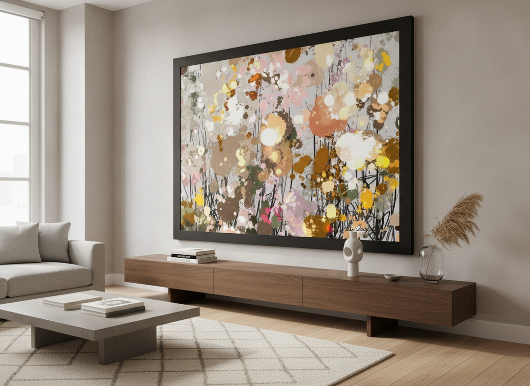 Monumental artwork centred on a feature wall in a luxe interior
