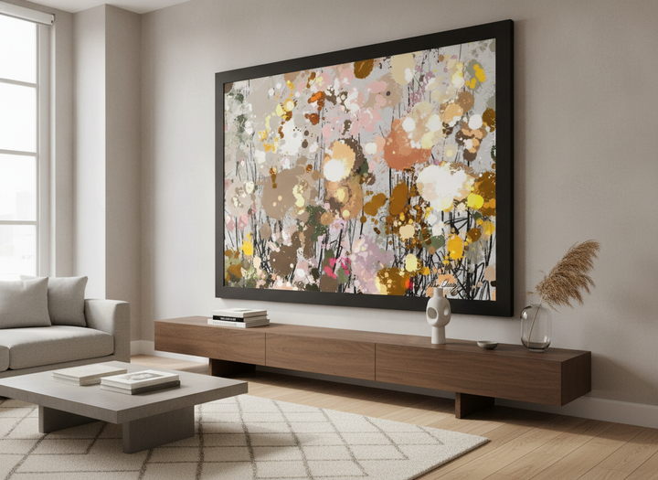 Monumental artwork centred on a feature wall in a luxe interior