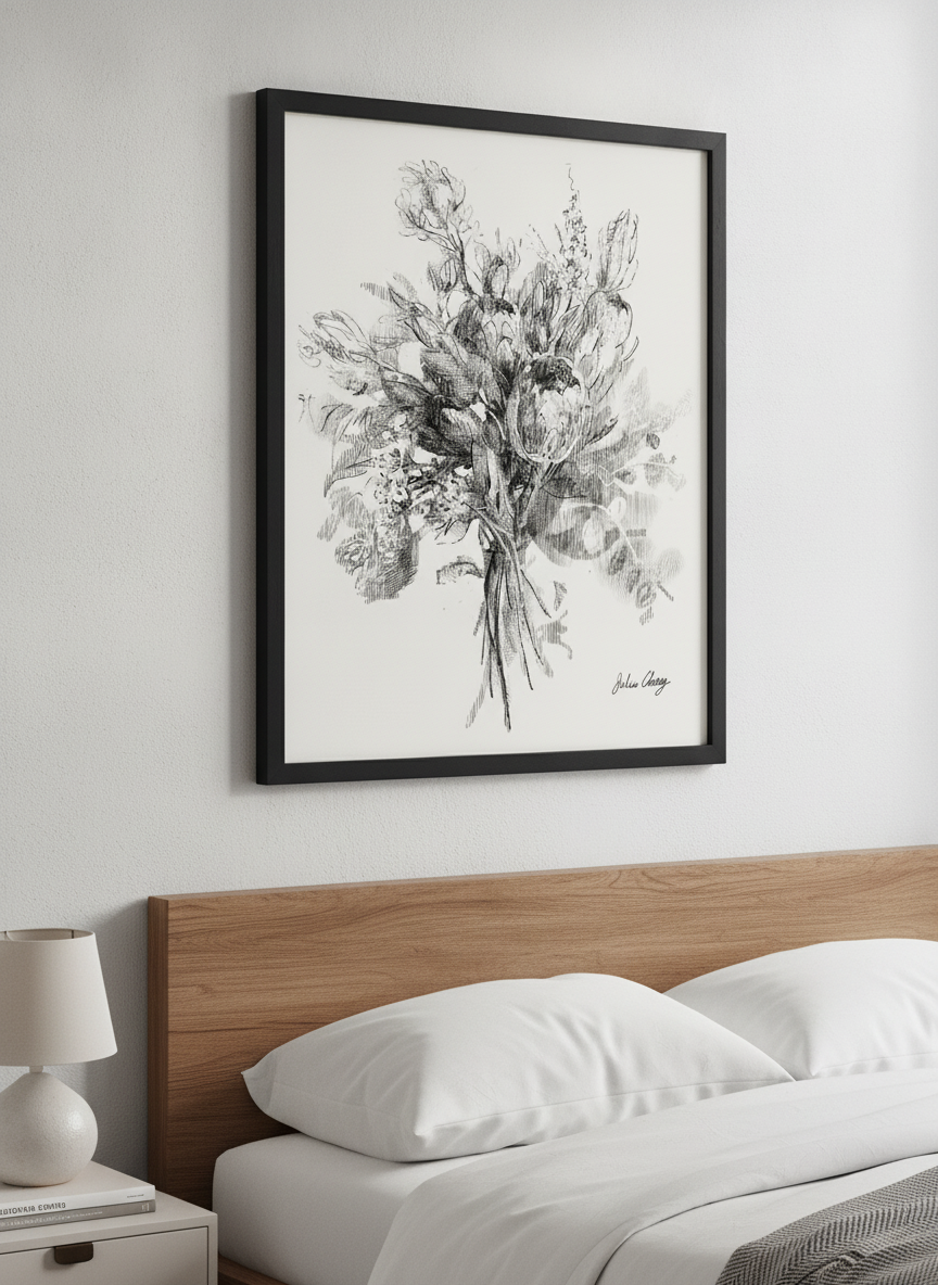 Minimalist artwork displayed in a calm, light-filled bedroom interior
