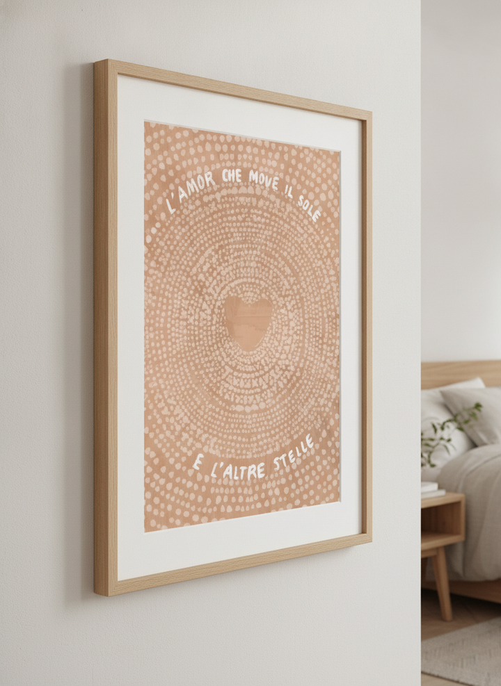 Minimalist artwork displayed in a calm, light-filled bedroom interior