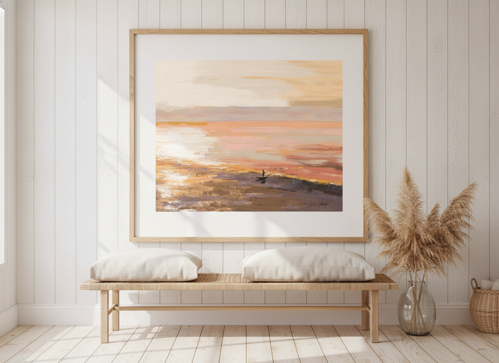 Neutral wall art displayed in a sunny coastal beach house