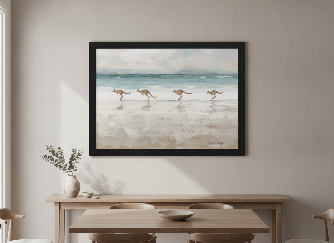 Wall art styled above a dining table in a contemporary home