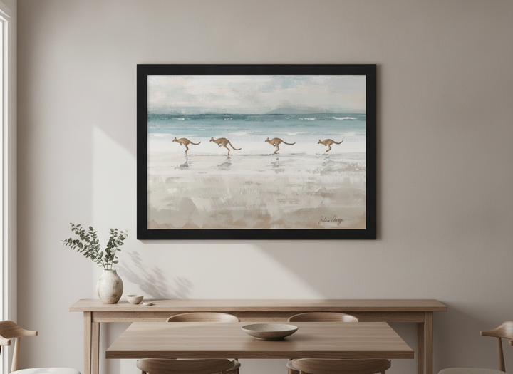 Wall art styled above a dining table in a contemporary home